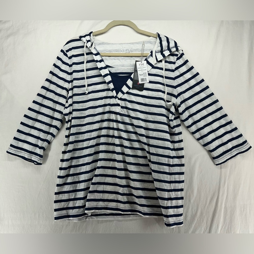 FDJ V Neck Pullover Hooded 3/4 Sleeve Top Blue White Stripe Womens XL NEW